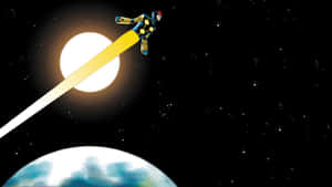 超級英雄在行星和太陽附近飛越太空，帶有黃色軌跡。 — 乾淨 壁紙