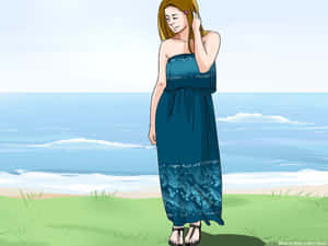 身穿藍色長裙的女士站在海邊草地上 — 夏日美學動畫 壁紙