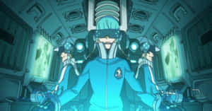 動畫飛行員在帶有發光螢幕和機械臂的未來主義駕駛艙中。 — 黑川伊佐那 壁紙