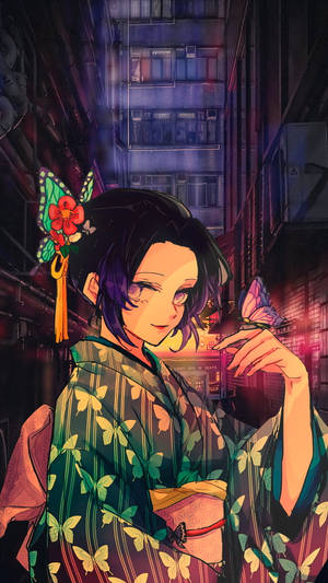 身穿和服、頭戴蝴蝶髮夾、手指上有蝴蝶的動漫女孩，在霓虹小巷中 — 鬼滅之刃 壁紙
