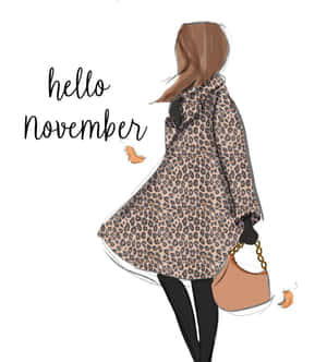 身穿豹紋外套的女性與秋葉和hello november文字一起走開。 — 榮耀Magic V 壁紙