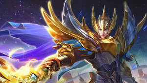 金色盔甲戰士，翅膀和發光劍，宇宙空間 — 鍾離 壁紙