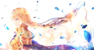 身穿金色盔甲、頭髮飄逸、藍色花瓣漂浮在周圍的動漫女孩。 — 女主角 壁紙