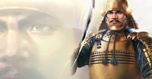 身穿金色盔甲的武士武士手持武士刀，背景有模糊的面孔。 — 城堡動畫 壁紙
