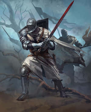 全副武裝的騎士在霧氣籠罩的森林中手持紅色劍。 — 戰士 壁紙