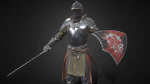 中世紀騎士身穿全套板甲，手持劍和紅白紋章盾牌。 — 電玩遊戲 GIF 壁紙