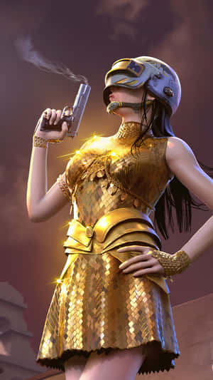一位身穿金色盔甲和頭盔的未來女性，握著冒煙的手槍。 — Pixel 3 壁紙