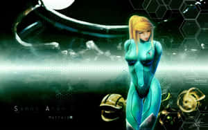 Samus Aran 身穿標誌性青綠色裝甲，站立在未來太空環境中。 — 超級瑪利歐兄弟大亂鬥 壁紙