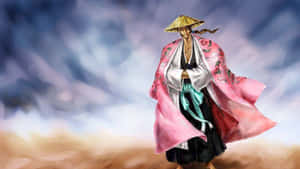 身穿粉紅長袍和草帽的武士迎風站立在陰天天空前。 — 中野三玖 壁紙