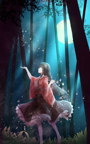 動漫女孩穿紅裙在發光森林中滿月下跳舞。 — 樹木 壁紙