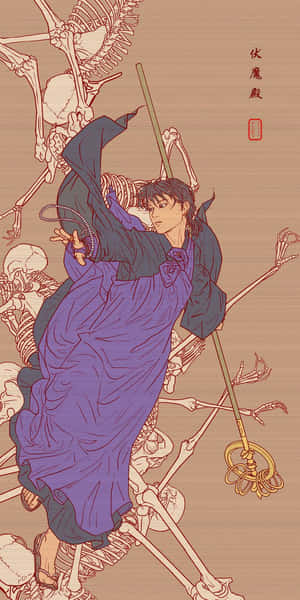 動漫戰士身穿紫色長袍，揮舞法杖，被骷髏包圍。 — 18:9 壁紙