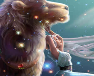 一位女性在魔法天空中閃爍的星星之間，充滿愛意地撫摸著獅子的臉龐。 — 獅子座 壁紙