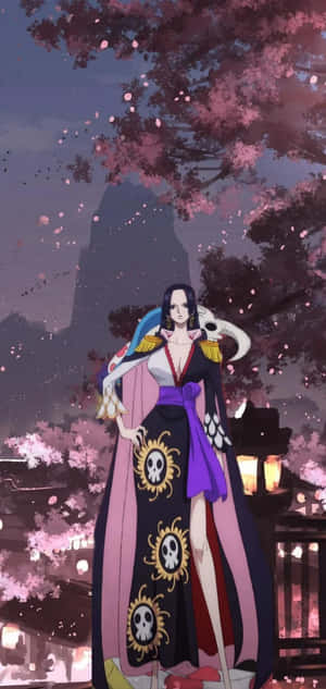 黃昏櫻花下，身穿骷髏長袍的動漫女性 — 神鬼奇航 壁紙
