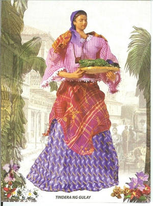 身穿色彩繽紛傳統服飾的女性，在熱帶街景中提著蔬菜籃。 — 菲律賓 壁紙