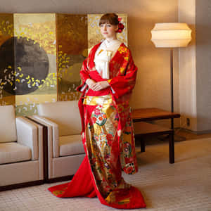 身穿華麗紅金色和服的女士站在優雅的現代房間裡。 — 東京喰種風格 壁紙