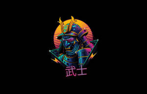 霓虹武士戰士，身穿發光盔甲，背景為夕陽和日文字元。 — 日本武士 壁紙