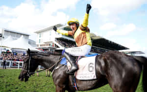 騎師在賽馬中於獲勝的馬上高舉雙臂歡呼勝利。 — 賽馬 壁紙