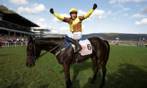 騎師在草地賽道上高舉雙臂，騎在獲勝的賽馬身上慶祝勝利。 — 賽馬 壁紙