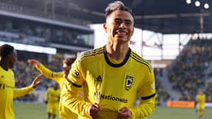 足球運動員身穿黃色球衣在草地上慶祝勝利。 — 快樂 壁紙