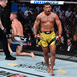 MMA拳手在八角籠中對手跪地認輸後慶祝勝利 — 終極格鬥冠軍賽 壁紙