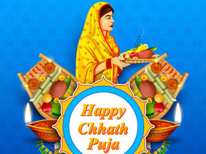 身穿黃色紗麗的女性在Chhath Puja節日期間奉上水果和甜點。 — Maa Durga 壁紙