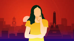 身穿黃色襯衫的女性在紅色日落城市天際線前思考。 — 數位藝術 壁紙