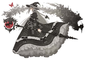 動漫女巫身穿黑色哥德式連衣裙，手持帶有紅色月亮球體和蝴蝶的魔杖。 — 哥德美學 壁紙