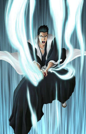 動漫戰士在藍色能量背景下擺出戰鬥姿勢，揮舞著發光的劍 — 克雷多斯 壁紙