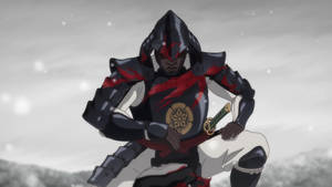 身穿黑紅鎧甲的武士跪在雪地上手持一把刀。 — 混沌武士 壁紙