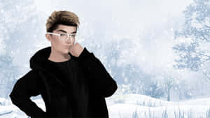 身穿黑色外套和白色眼鏡的年輕男子站在雪地森林中。 — 卡通 壁紙