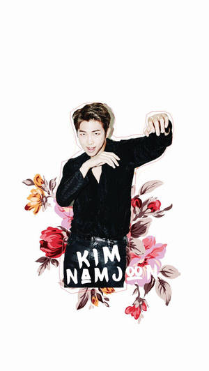 K-pop 藝術家 Kim Namjoon 在花卉圖形環繞下擺姿勢。 — 金範 壁紙