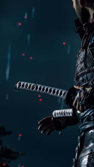 武士在雨夜中手持武士刀，伴隨紅光。 — 對馬戰鬼 壁紙