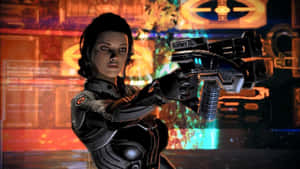 Cyberpunk 戰士在霓虹數位環境中瞄準未來武器 — 質量效應 壁紙