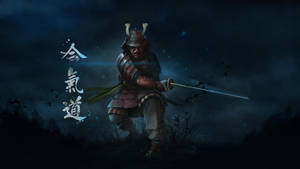 身穿黑色鎧甲的武士戰士，在暴風雨的夜林中手持發光的劍。 — 混沌武士 壁紙