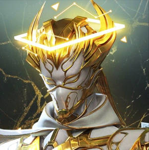 金色裝甲戰士，發光幾何光環，裂紋大理石。