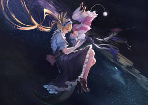 穿著女僕裝的動漫女孩漂浮在太空中，抱著一個粉紅色生物 — 8K 壁紙