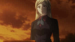 金髮動漫女孩穿著深色西裝在夕陽下 — 魔法少女小圓 壁紙
