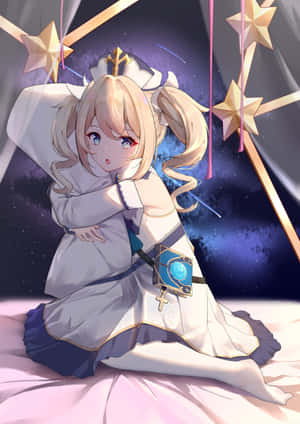 動漫女孩穿著白色連衣裙，在星星裝飾下，以宇宙天空為背景，跪在粉紅色的床上。 — Realme Pad 壁紙