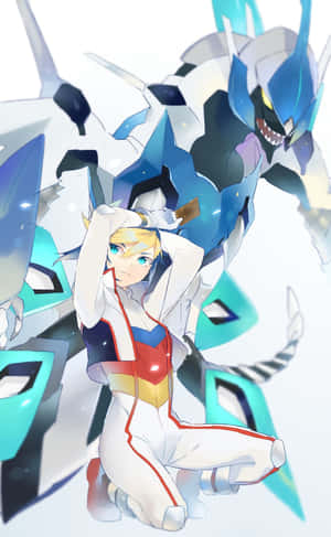 動漫女孩穿著白色西裝跪在藍白機器人機甲前。 — Galaxy Z Fold 8 壁紙
