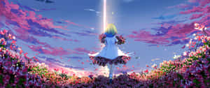 動漫女孩白色連衣裙站在粉紅花田下發光天空 — 海洋藍 壁紙