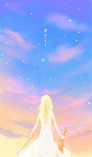 在星光燦爛的暮色天空下持小提琴的動漫女孩