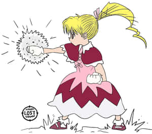 動漫女孩穿粉紅色連衣裙用動作線條擊打發光球體。 — 乾淨 壁紙