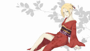 動漫女孩穿著紅色和服坐著，身後有灰色樹枝剪影。 — 進擊的巨人 角色 壁紙