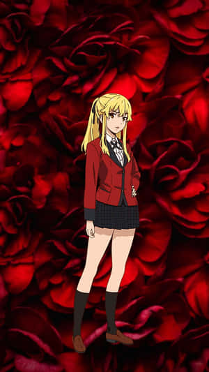 穿著校服的動漫女孩站在紅玫瑰中。 — 動漫 壁紙