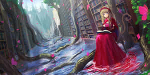 穿著紅色連衣裙的動漫女孩在帶有水和粉色花瓣的魔法圖書館裡看書。 — 看書 GIF 壁紙