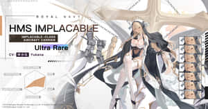 代表 HMS Implacable 航空母艦的動漫女孩角色，帶有統計數據和遊戲界面。 — 碧藍航線 壁紙