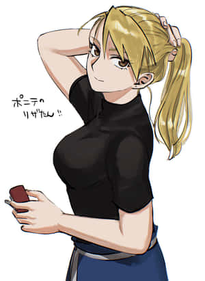 金髮馬尾辮的動漫女孩手持紅色物體微笑 — iPad 第9代 壁紙