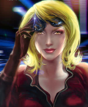 金髮動漫女性穿著紅色外套在霓虹賽博龐克場景中舉起護目鏡 — Pixel Fold 壁紙