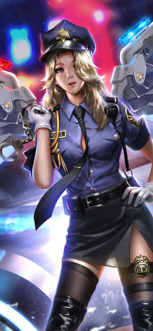 動漫女警穿著藍色制服在霓虹城市背景下拿著手銬。 — 電玩遊戲 GIF 壁紙