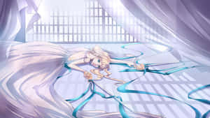 身穿白色長裙的動漫少女，藍色絲帶在柔和紫光中飄浮。 — 美麗的公主 壁紙